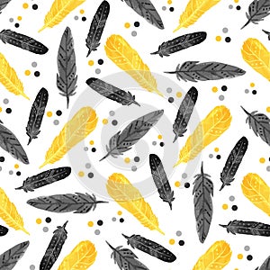 Watercolor fashion seamless pattern with black and yellow feathers. Vector watercolor texture for celebration wrapping