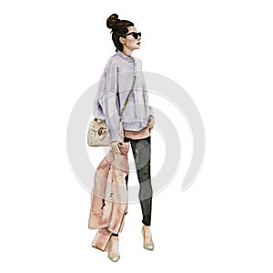 Watercolor fashion style girl in high heels