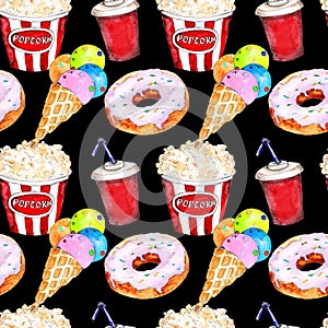 Watercolor fast food icons set seamless pattern