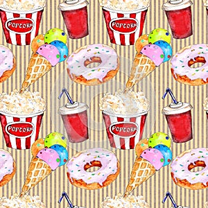 Watercolor fast food icons set seamless pattern