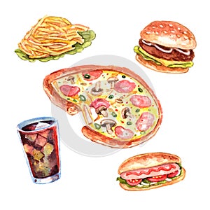 Watercolor fast food lunch menu set