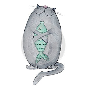 Watercolor fat cat with fish illustration