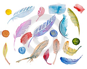 Watercolor feather and circle set. Hand drawn illustration isolated