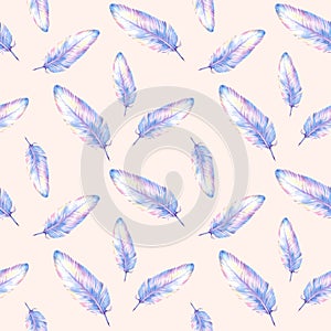 Watercolor feather seamless pattern in blue and violet colors. It can be background, pattern for textile e.g. for