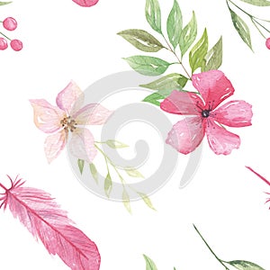 Watercolor Feathers Boho Patterns Seamless Pink Floral Flowers