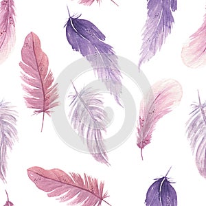 Watercolor Feathers Boho Patterns Seamless Pink Purple