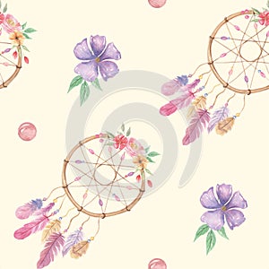 Watercolor Feathers Dreamcatcher Boho Patterns Seamless Purple Floral Flowers