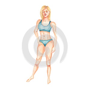 Watercolor female athlete dressed in a swimsuit. Beautiful blonde with great body shapes. Sport and healthy lifestyle, fitness.