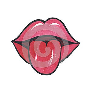 Watercolor female red lips with lust isolated.