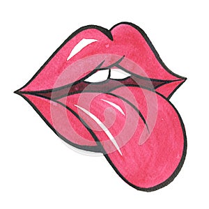 Watercolor female red lips with lust isolated.