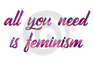 Watercolor feminist handwriting text with pink-purple gradients