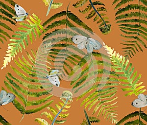 Watercolor fern and butterfly seamless pattern with insects and leaf in orange, green, yellow and blue colors