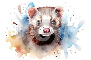 Watercolor Ferret Wild Animal Rodent Hand Drawn Pet Illustration isolated on white background. generative AI