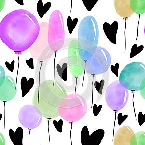 Watercolor festive balloons seamless birthday cartoon pattern for wrapping and kids clothes print and fabrics