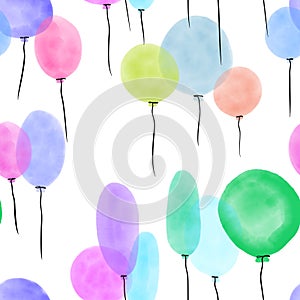 Watercolor festive balloons seamless birthday cartoon pattern for wrapping and kids clothes print and fabrics