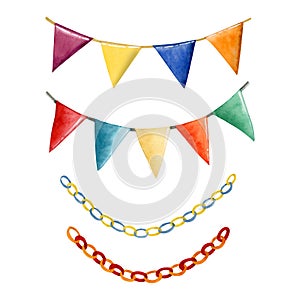 Watercolor festive flags and paper garlands illustration set with colorful decor for party and holiday celebration