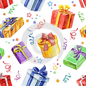 Watercolor festive seamless pattern. Festival and celebration design. Gifts and serpentine
