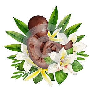 Watercolor fetus with floral decorations