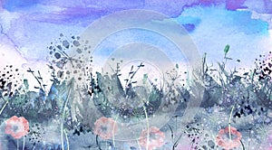 Watercolor field, countryside landscape.Wildflowers dandelion. Wild grass, plants. Sunset sky. Art banner.