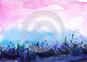 Watercolor field, meadow, countryside landscape. Blue, purple grass, plants, wildflowers. Sunset sky. Art banner. Abstract art ill