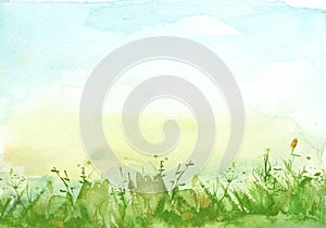 Watercolor field, meadow, countryside landscape. Blue, purple grass, plants, wildflowers. Sunset sky. Art banner. Abstract art ill