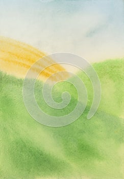 Watercolor fields and meadows background, childish noetic style