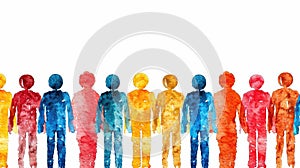 Watercolor figures in a spectrum of colors, standing in a line.