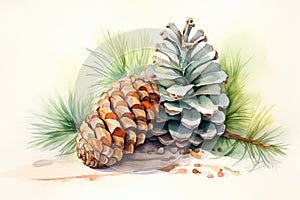 watercolor fir cone Watercolor pine cone Hand painted pine branch with cone