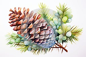 watercolor fir cone Watercolor pine cone Hand painted pine branch with cone