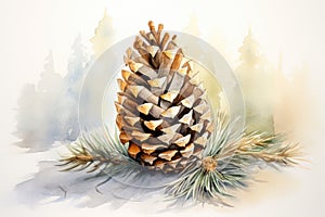 watercolor fir cone Watercolor pine cone Hand painted pine branch with cone