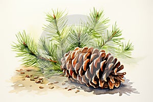 watercolor fir cone Watercolor pine cone Hand painted pine branch with cone