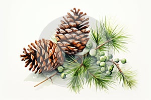 watercolor fir cone Watercolor pine cone Hand painted pine branch with cone