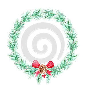 Watercolor fir wreath with red ribbon and cone for christmas on white background