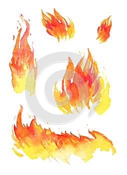 Watercolor fire. Set of different hand drawn flames. Isolated sketch illustration