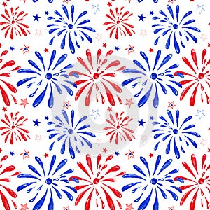 Watercolor firework saluting festival, hand painted festive seamless pattern for holiday events, memorial day, New Year, 4th of