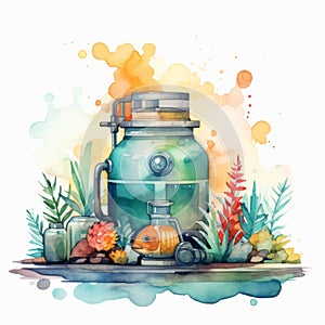 Watercolor Fish Tank Illustration With Plants - Kitchen Still Life Style