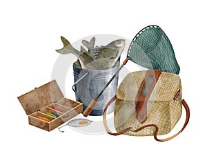 Watercolor fishing composition. Hand drawn fishing lure, landing net, metal bucket with fish, wicker creel isolated on