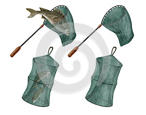Watercolor fishing net and landing net set. Hand drawn angling equipment isolated on white background. Freshwater fish