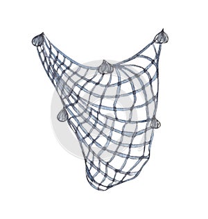 Watercolor fishing net. Nautical illustration isolated on white background. Decorative marine elements