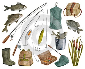 Watercolor fishing set. Hand drawn fishing rod, bait, lure, net, bucket with fish, creel, backpack and reed isolated on