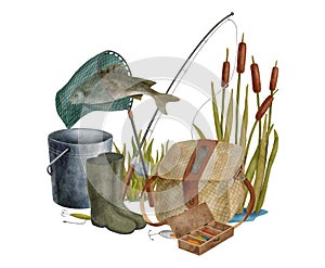 Watercolor fishing tackle illustration. Hand drawn fishing rod, landing net with fish, creel, reed plant, metal bucket