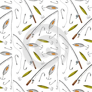 Watercolor fishing tackle seamless pattern. Hand drawn fishing rod, hook, bait, lure isolated on white. Fisherman's