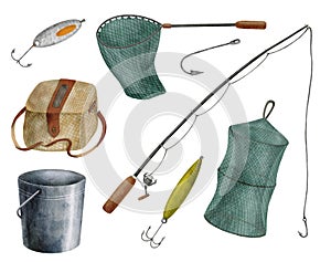 Watercolor fishing tackle set. Hand drawn fishing rod, net, metal bucket, wicker creel, hook, bait, lure isolated on