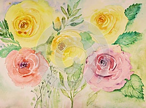 Watercolor of five roses with leaves on the background.