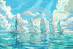 Watercolor of Five Sailing Ships, AI Generated