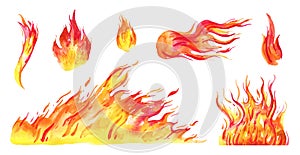 Watercolor flames set. Different fire elements. Hand drawn sketch illustration