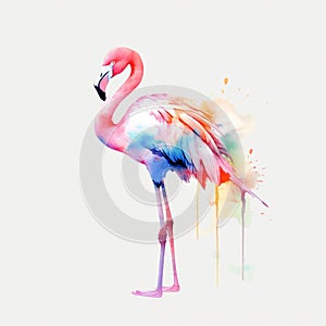 Watercolor Flamingo portrait, painted illustration of a cute pink bird on a blank background, Colorful splashes body, AI