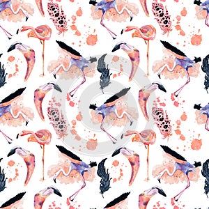 Watercolor flamingo seamless pattern isolated on the white background