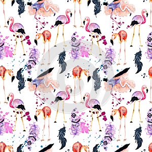 Watercolor flamingo seamless pattern isolated on the white background