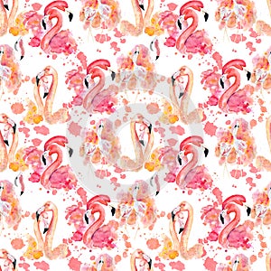 Watercolor flamingo seamless pattern isolated on the white background